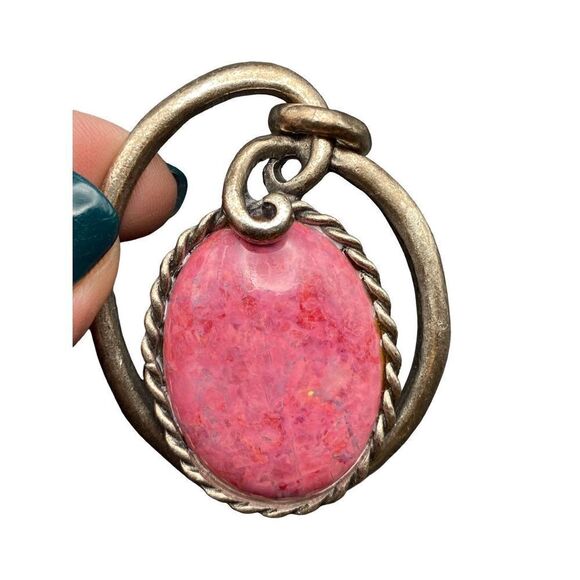 Vintage silver tone Rose agate necklace pendant heavy - Picture 6 of 9